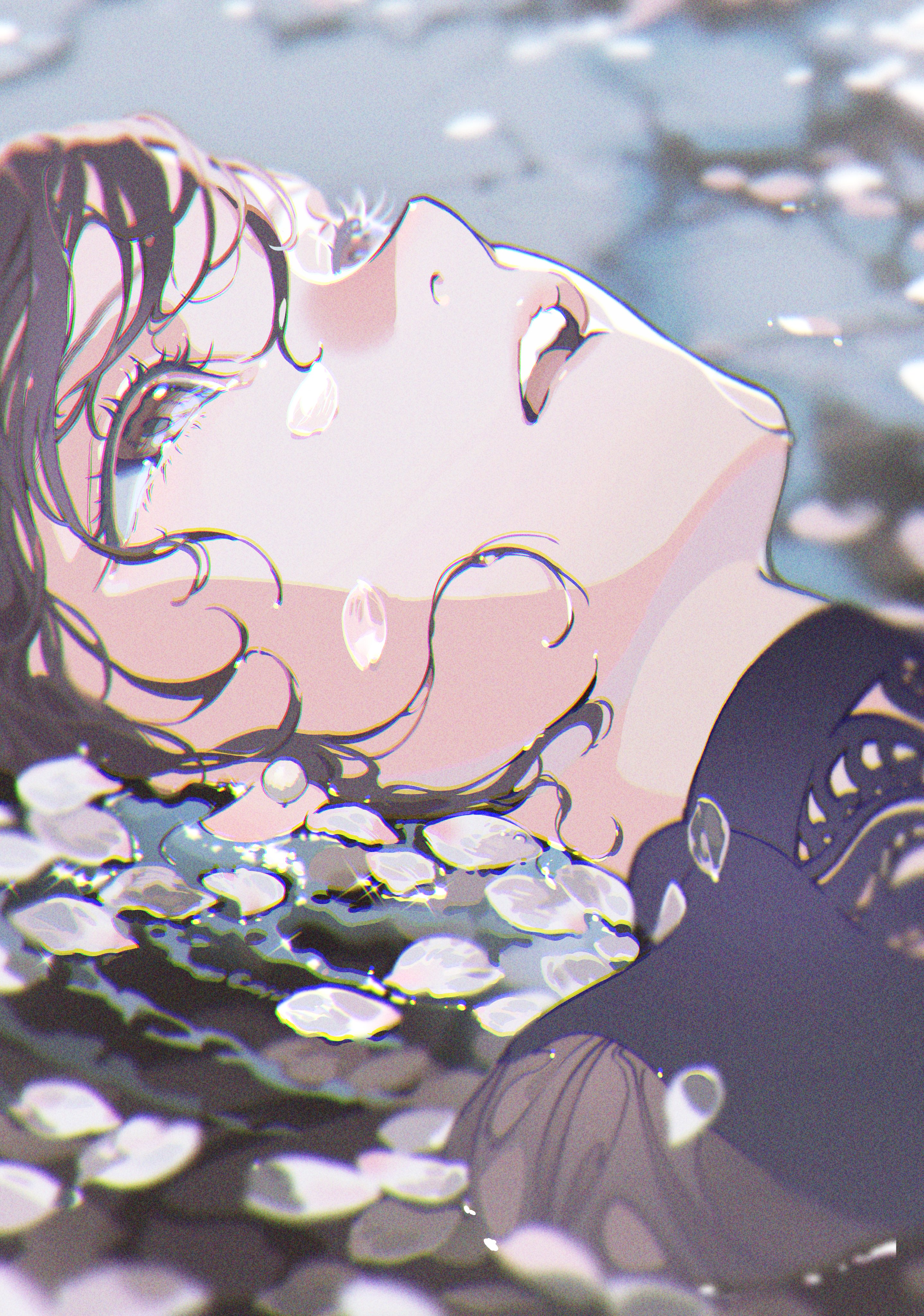 a young anime girl with long dark hair is floating underwater,  with her eyes closed, and crying. she is surrounded by flower petals. her expression is one of sadness and sorrow.