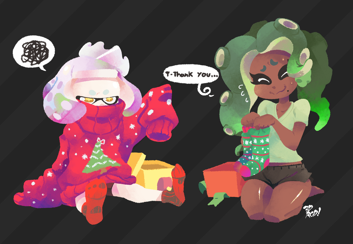 two cartoon characters, one squid and one inkling, are giving each other christmas presents. the squid is wearing a red sweater with a green christmas tree on it, and the inkling is holding a pair of green and white christmas socks. they are both smiling and look very happy. the image is drawn in a cute and colorful style.