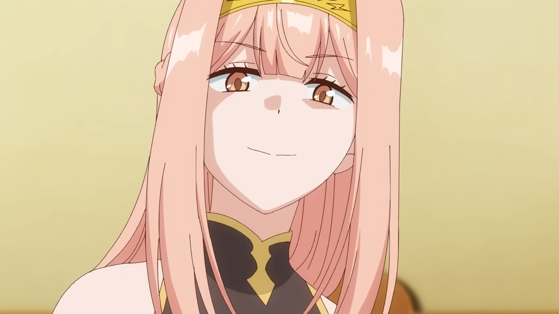 an anime girl with long, pink hair and a crown on her head is smirking slightly. she has brown eyes and is wearing a black and gold top. the background is a pale yellow color. she appears cunning or mischievous.