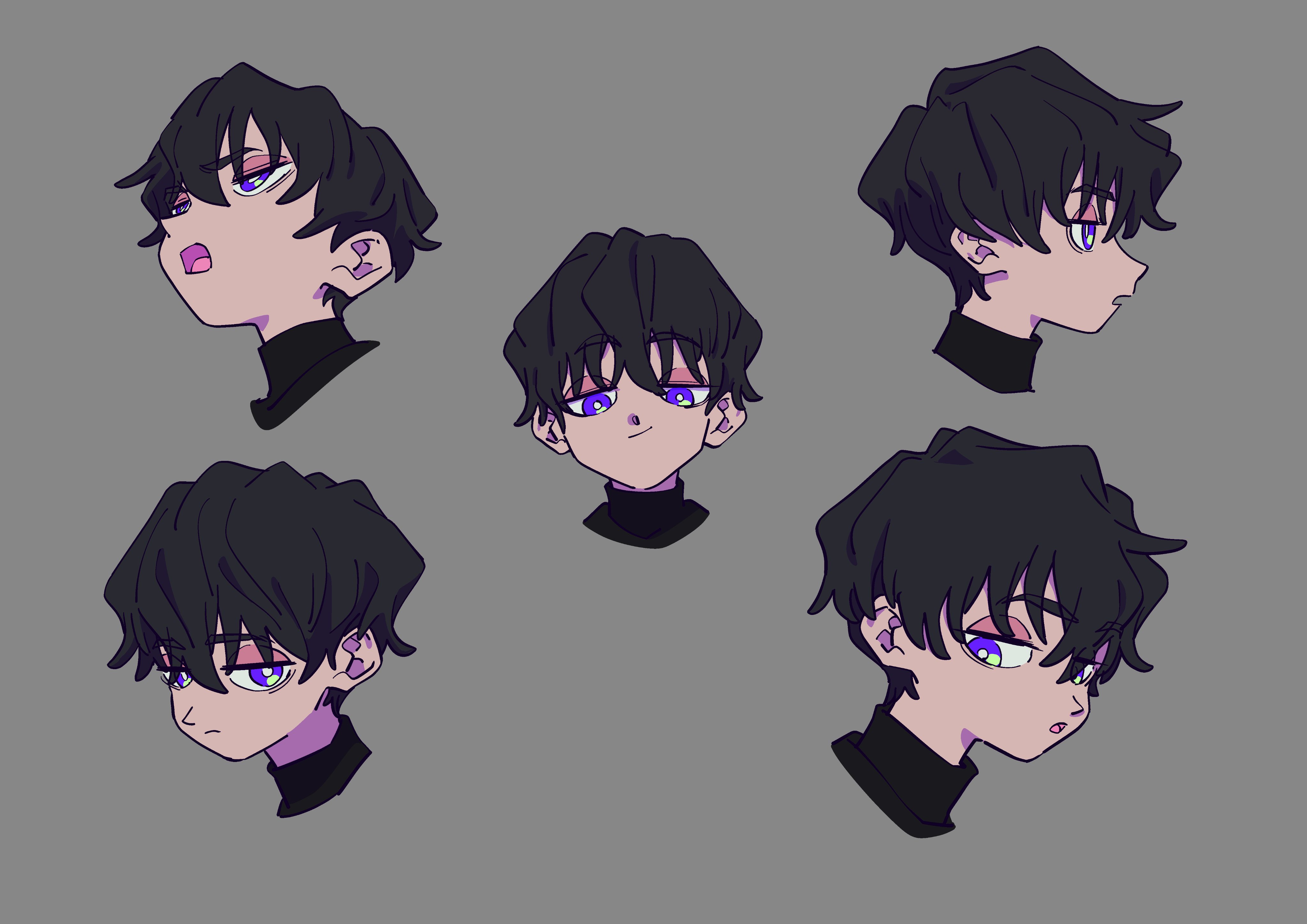 five headshots of the same male character in slightly different styles. each headshot shows the character in a different angle and expression. the style is anime and the linework is done in a thick, slightly messy style. the character has dark hair and purple eyes and is wearing a black turtleneck.