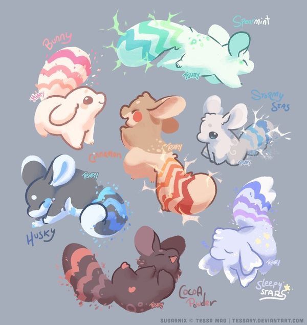 the image is a collection of nine adorable cartoon illustrations of different animallike creatures, each with a unique design and pastel color scheme. they are labeled with names like "bunny," "spearmint," "stormy seas," "husky," "cocoa powder," and "sleepy stars." the animals have distinct features, such as patterned tails and magical energy emanating from them, giving them a fantastical and whimsical appearance. the artwork is credited to "sugarnix tessa mag | tessary.deviantart.com."