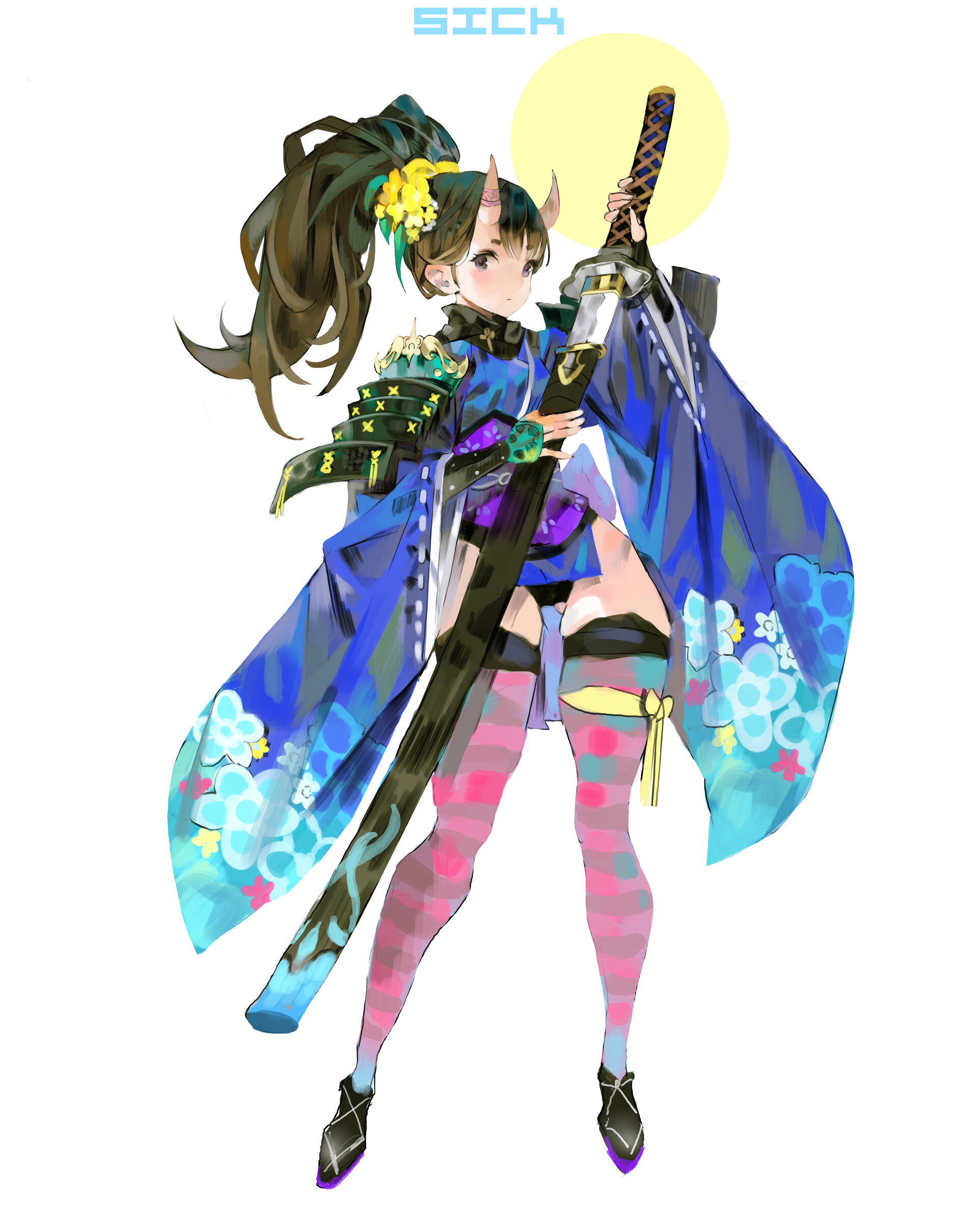 an animestyle illustration of a girl with a katana. she has a dark ponytail with yellow flowers, and horns on her head. she is wearing a blue kimono with flower patterns, stockings, and black shoes. she also has armor on her shoulders. behind her is a yellow moon and above her is the text "sick".