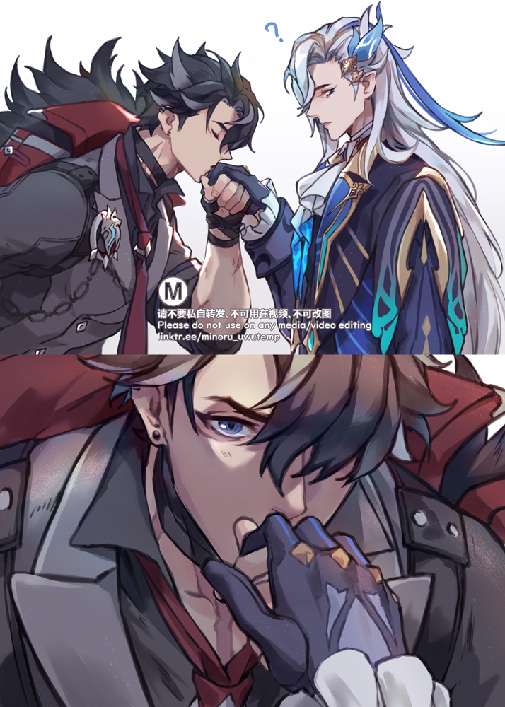 the image is an animestyle illustration of two handsome boys. the one on the left is kaeya and the one on the right is albedo. they are both from the popular video game genshin impact. kaeya is offering albedo a small kiss on the hand. they both look very happy and in love with each other. the image is drawn in a very beautiful and detailed way and is perfect for fans of the game.