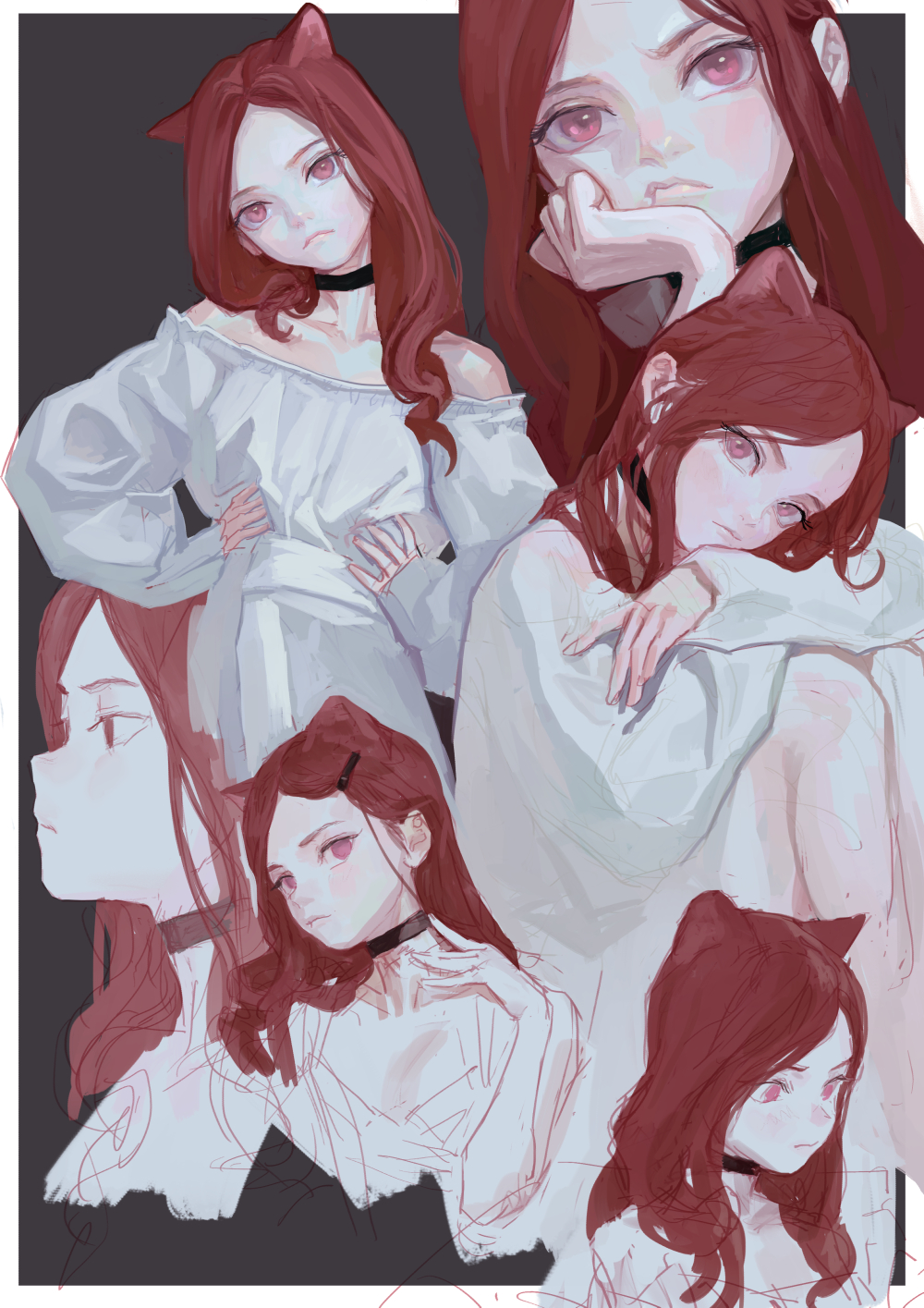 a drawing with multiple poses of an animestyle girl with red hair and cat ears, wearing a white shirt and a choker. the image is a collection of sketches and portraits, showing her from various angles and in different poses.