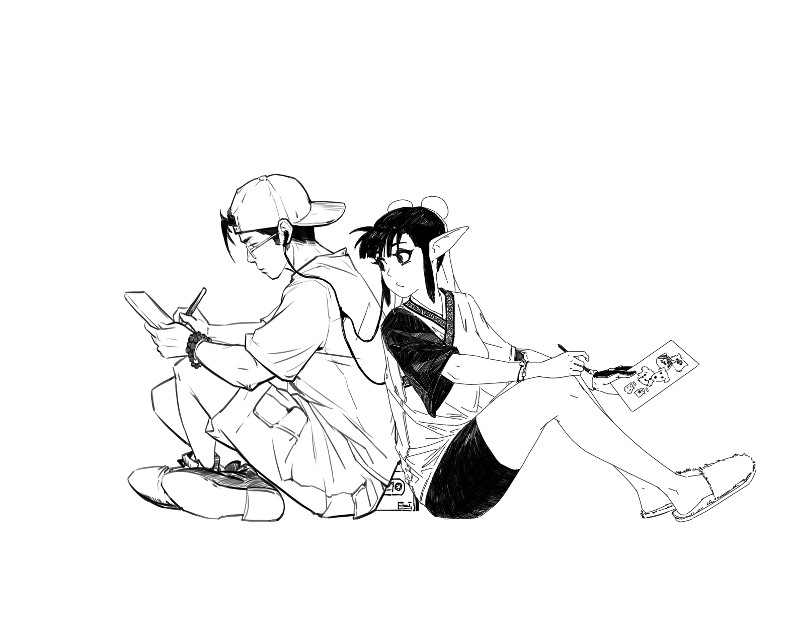 the image shows a monochrome line art illustration of a young man and a young woman, possibly an elf, sitting side by side and working on their art. the man is wearing a baseball cap and headphones, using a digital drawing tablet, while the woman, dressed in a kimonostyle top and shorts, is sketching on a traditional sketchbook.  they are both relaxed and focused on their work, creating a scene that is both casual and artistically focused. the style is reminiscent of anime or manga, with clean lines and expressive characters.  the background is a simple, plain white, leaving the focus entirely on the figures.