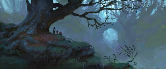 the image depicts three small figures standing on a rocky outcropping overlooking a misty, bluehued forest. large, gnarled trees dominate the scene, their branches reaching out like skeletal fingers.  the atmosphere is mysterious and magical, hinting at a story about to unfold. the path they stand upon seems to wind deeper into the woods, shrouded in fog.