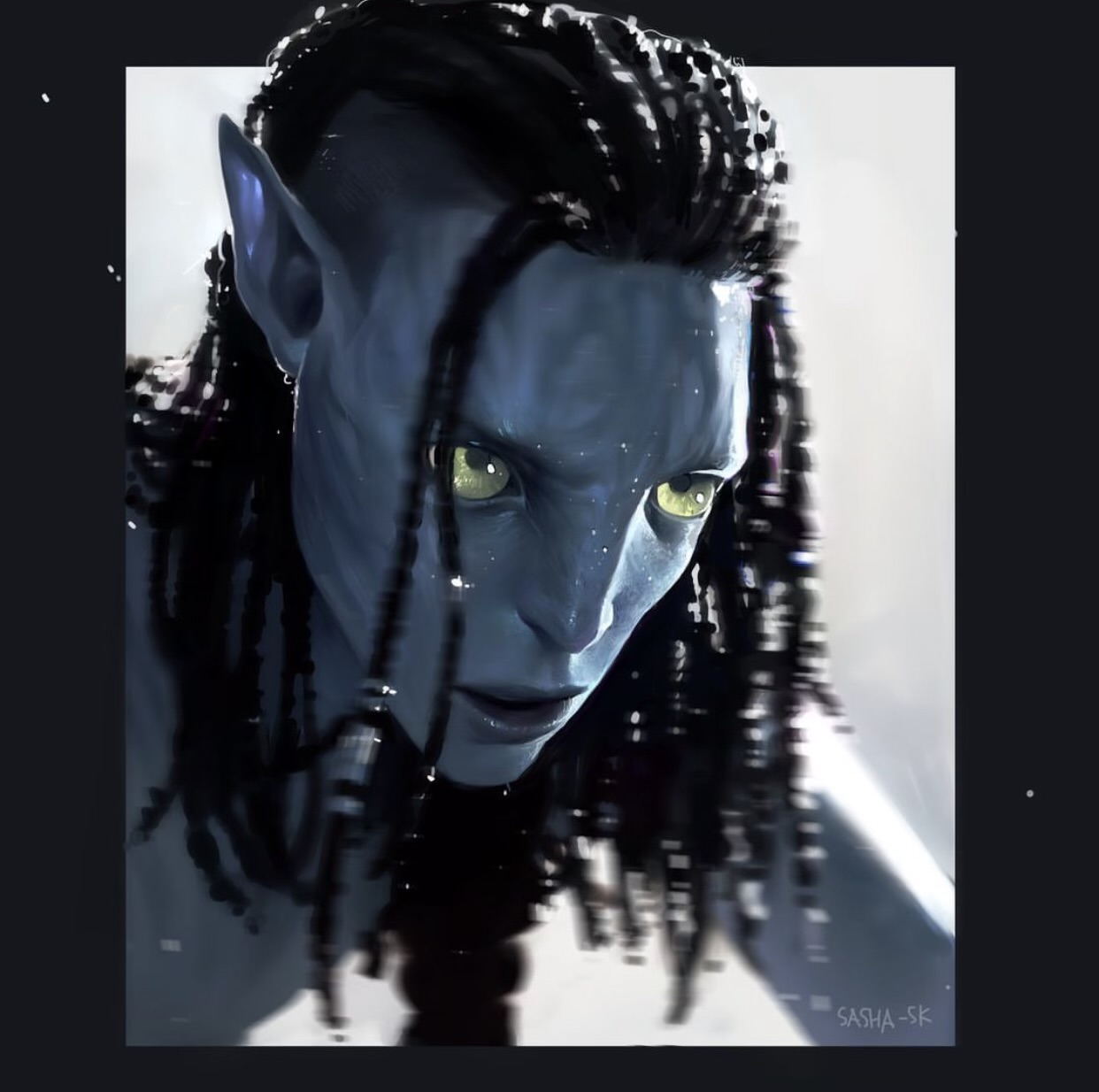 a digital portrait of a female na'vi character from the movie avatar, gazing intensely at the viewer.  she is distinguished by her blue skin, bright yellow eyes, and intricate dreadlocks.  the lighting is soft and diffused, highlighting the details of her features.