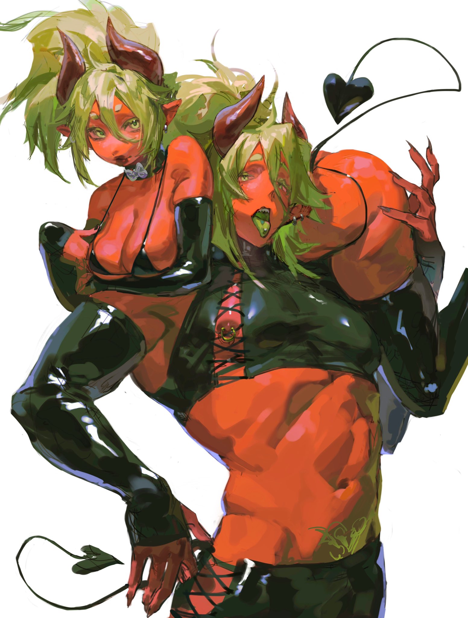 a digital art illustration of a demon with green hair and red skin, with a second head on its shoulder that appears to be a woman with green hair and red skin. the demon is wearing black leather clothes, and the woman is wearing a black leather top. the demon is smiling, and the woman is looking to the side.  the demon is also holding onto a black heartshaped tail.