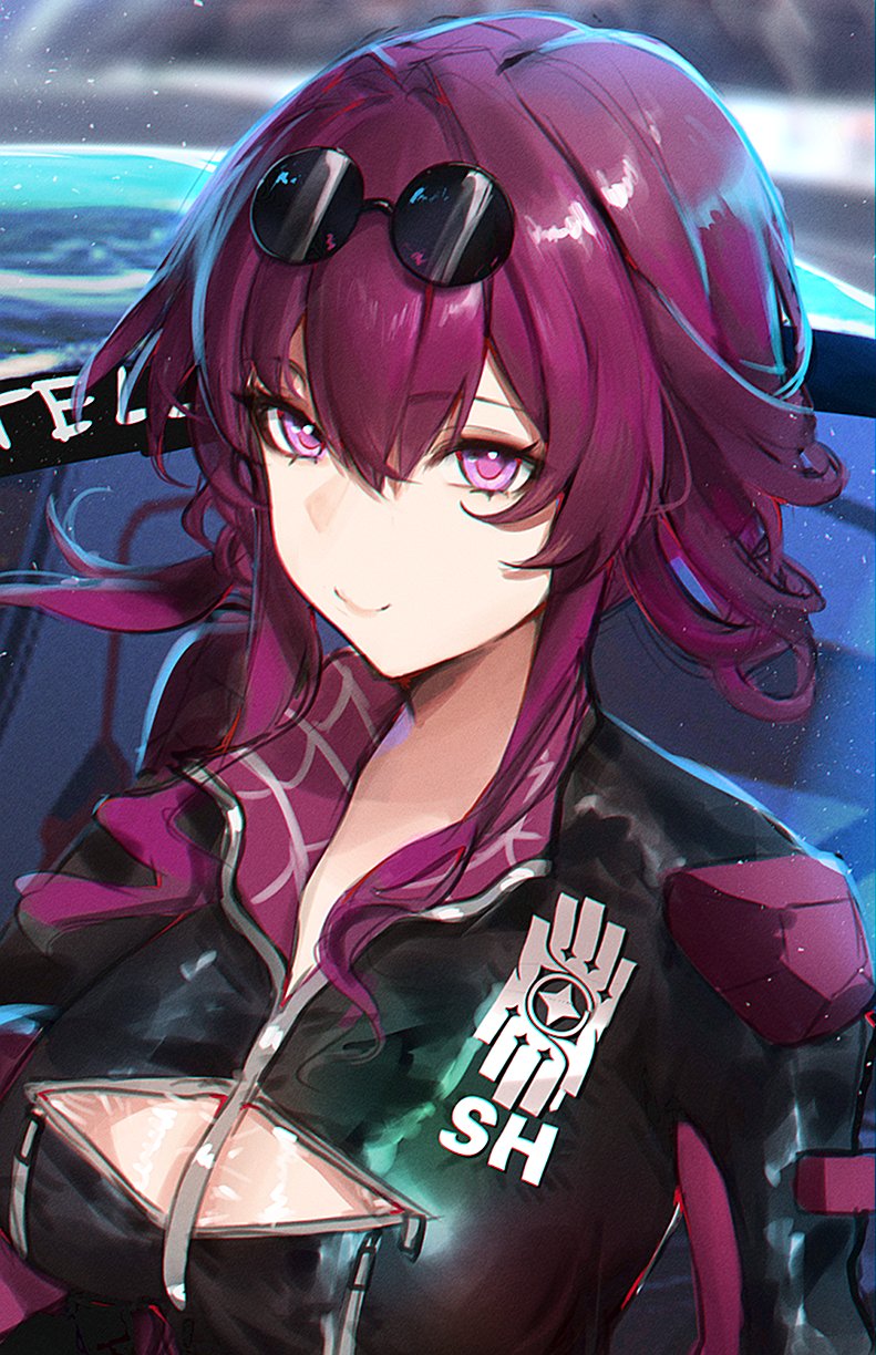 a digital illustration of a young woman with long, pink hair wearing black sunglasses and a black jacket, smiling at the viewer. the background is blurred and has a blue hue.