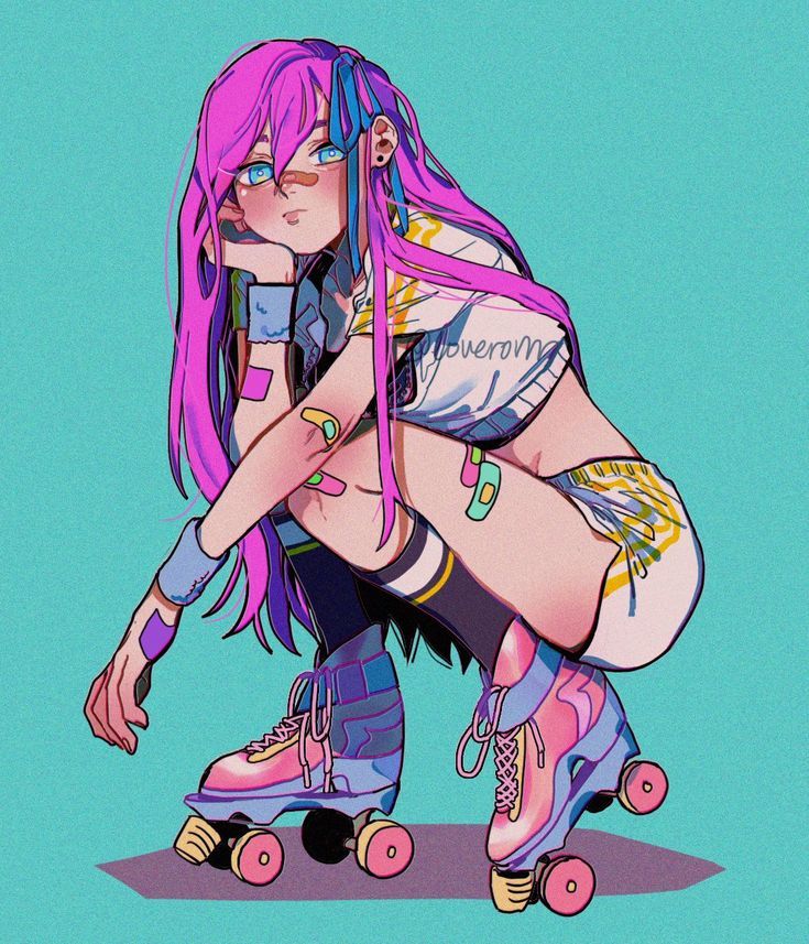 a digital illustration of a girl with pink hair and blue eyes wearing roller skates. the girl is wearing a white shirt with a yellow and blue design. the girl is sitting down with her knees bent and her feet on the ground. her roller skates are pink and blue. the background is a light blue color.