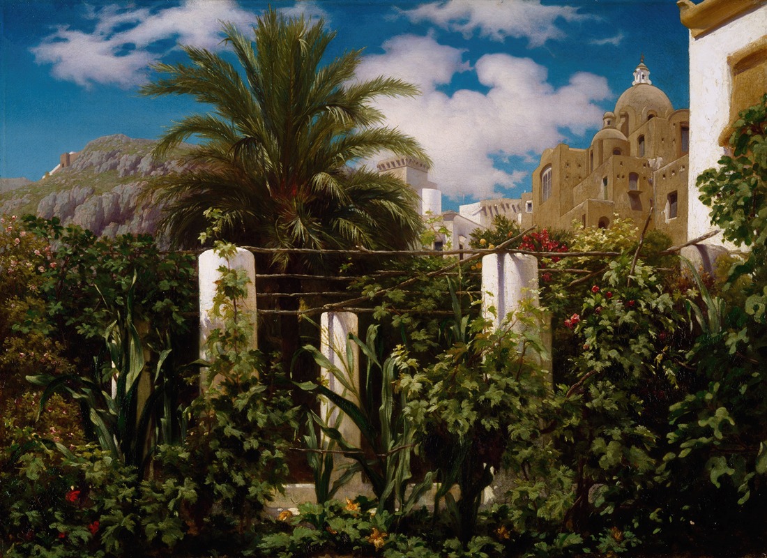 this is a painting depicting a lush garden with a view of italian architecture. in the foreground, there's dense greenery with various plants and flowers, and white stone pillars supporting a trellis. a large palm tree stands prominently among the vegetation. in the background, there are buildings featuring typical italian architectural elements, including domes and arched windows, set against a blue sky with scattered clouds. a mountainous landscape is visible in the distance.