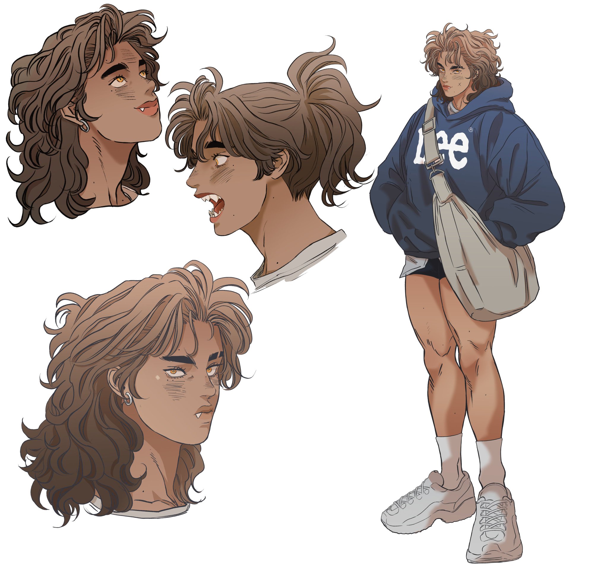 the image is a character design sheet of a male character with brown wavy hair and vampire fangs. there are three headshot sketches showing different angles and expressions. the character is also shown in a full body view wearing a blue lee brand hoodie, shorts, sneakers, and carrying a shoulder bag.