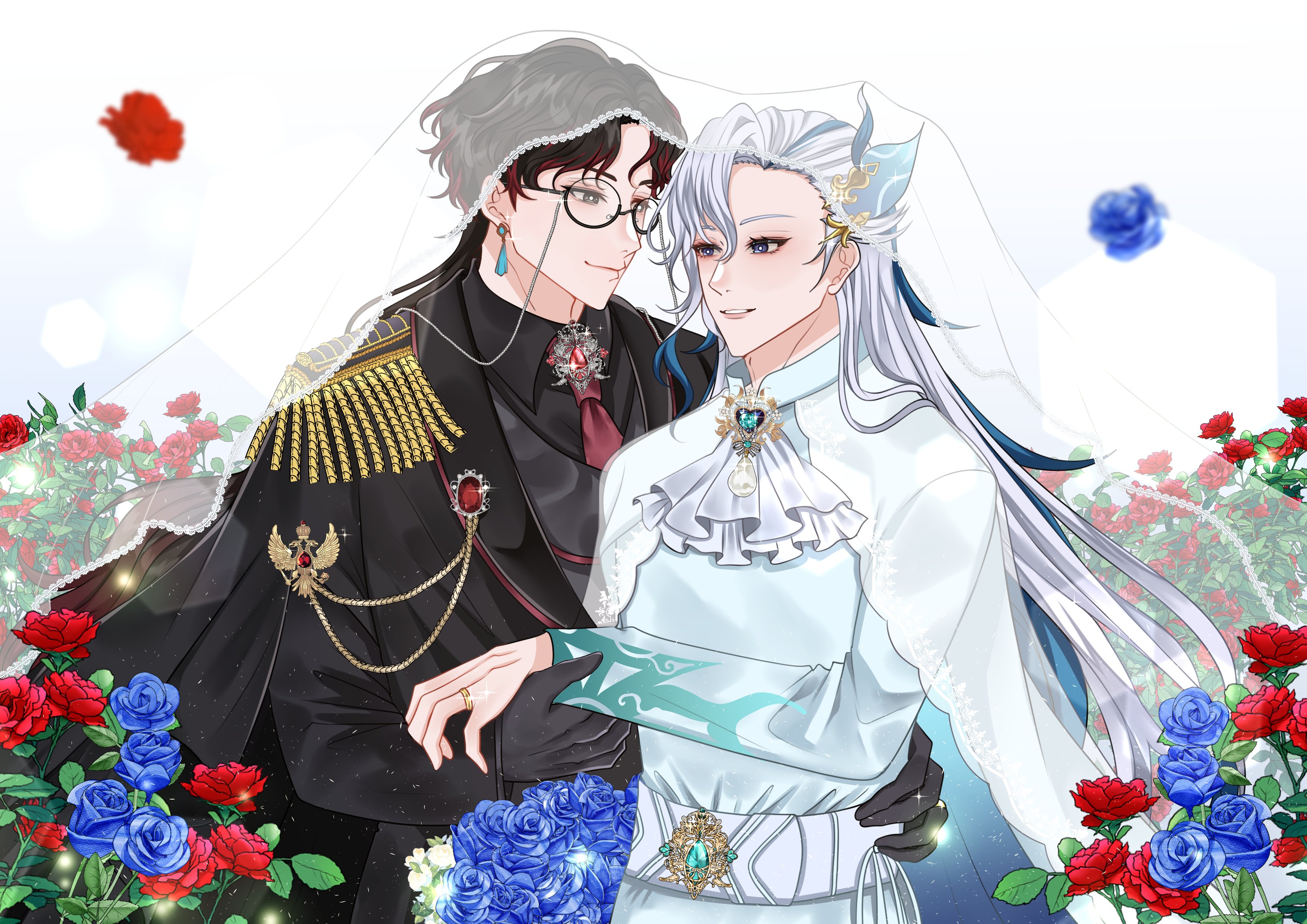 the illustration depicts a romantic wedding scene with a couple in their wedding attire. the groom is dressed in a black tuxedo with gold accents, while the bride is adorned in a beautiful white dress with delicate lace detailing. they are both looking lovingly at each other, and they are surrounded by a beautiful floral backdrop of red and blue roses. the image is full of love and romance, and it is a perfect representation of the joy of this special occasion. the image is drawn in a colorful and dynamic style, and it is full of detail and emotion.