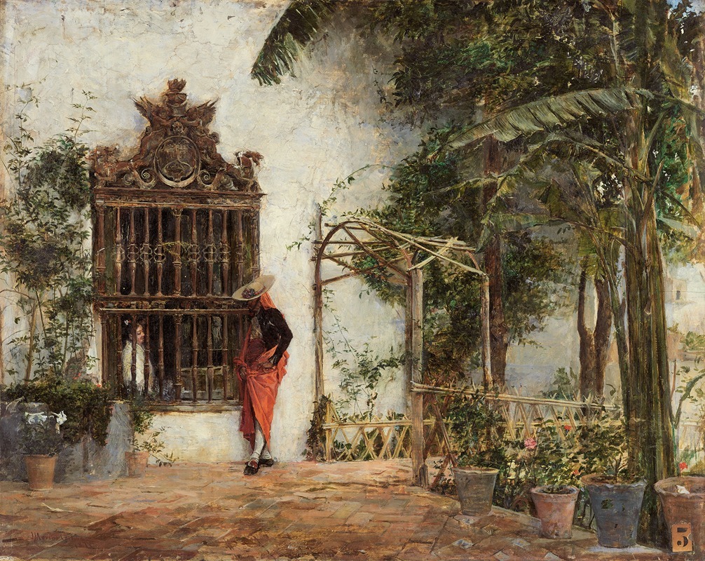 the painting depicts a sunlit courtyard scene with a man standing near an ornate window. the window is made of wrought iron and has decorative elements on top. a woman is looking out from the window. the man is dressed in traditional clothing, including a hat and a tunic. he is standing on a brick patio. to the right, there is a pergola covered in vegetation, and various potted plants with flowers. palm trees and other greenery fill the background. the style of the painting suggests it is a historical or traditional representation. the scene exudes a tranquil, oldworld charm.