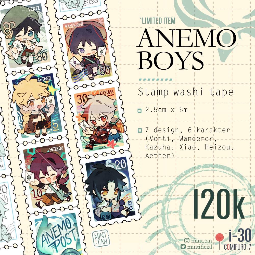the image features a collection of 7 stamp washi tapes featuring chibi versions of characters from the popular video game genshin impact. each stamp is in a different color, with the character's name on the front. the stamps are all in a frame, and the background is a light blue color. the text on the image says "anemo boys stamp washi tape" with the information about the size and character designs. there is also a price label of 120k and the logo of mint.tan with their social media handles on the image. the image is a beautiful and eyecatching illustration that captures the essence of the genshin impact game.
