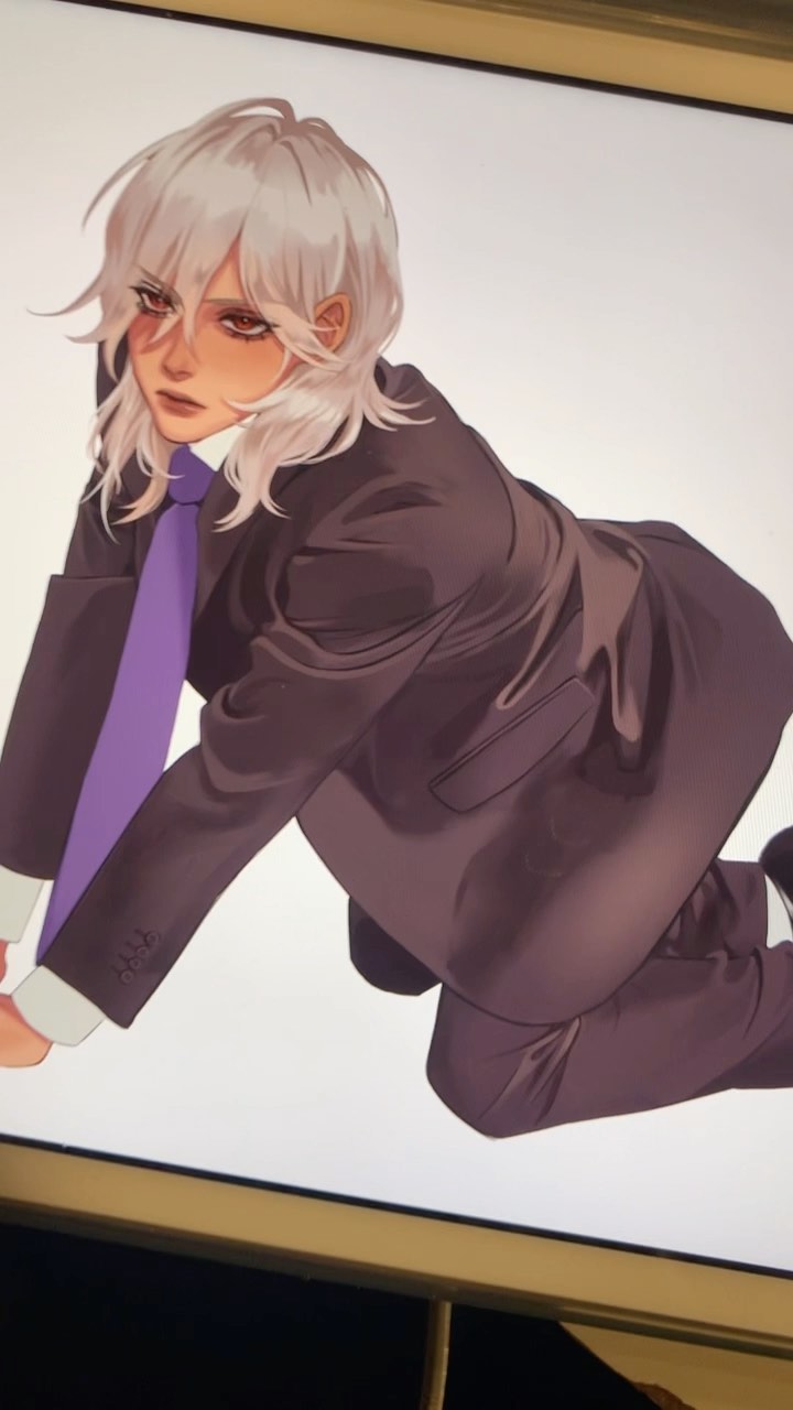 the image is a digital painting or illustration of an animestyle male character with long, white hair. the character is depicted kneeling or crouching, dressed in a darkcolored suit with a purple tie.  the art style is relatively realistic, with attention to detail in the shading and rendering of clothing and hair. the character's expression is serious and slightly pensive. the background is a simple white, allowing the focus to remain on the character. the overall aesthetic is stylish and elegant.  the artwork appears to be displayed on a computer screen or tablet.