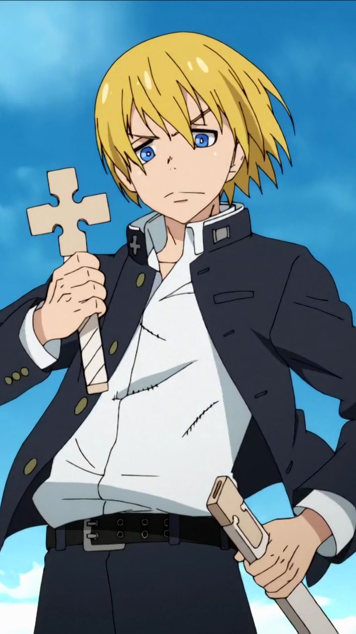 an anime boy with blonde hair and blue eyes is shown standing with a serious expression. he is wearing a black jacket and white shirt and holding a crossshaped weapon in one hand and a sword in the other. he is ready to fight. the background is a blue sky with clouds.