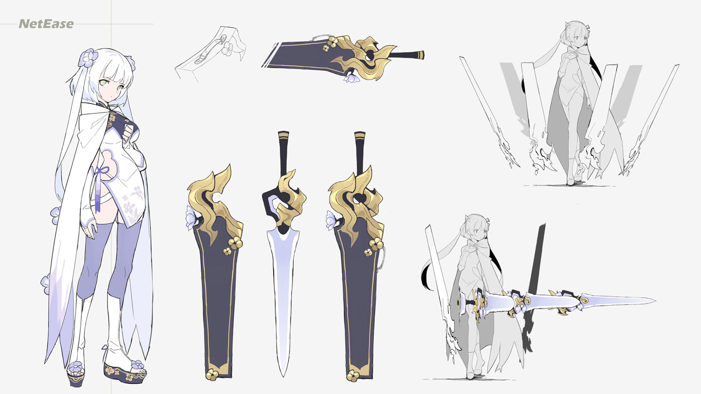 the image depicts a character design for an anime girl, featuring a beautiful young woman in a white and blue dress with long flowing white hair and a sword in hand. the design is complete with details like a cape, jewelry, and intricate patterns on the dress. the girl is surrounded by sketches of her sword, showcasing its different angles and perspectives. the art style is delicate and whimsical, reminiscent of modern anime aesthetics. the character design is vibrant and captivating, with a focus on detail and intricate artistry. the overall image conveys a sense of elegance and power, hinting at a fantasy character with a complex personality and a captivating backstory.