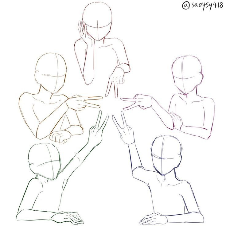 this image shows six different pose sketches, each with a simple outline of the body, head, and hands. the poses are varied and would be good for reference when practicing drawing figures and hands. the poses all involve hand gestures, which makes them ideal for practicing hand positioning and anatomy. the line art is created in a light grey color and there is a white background.