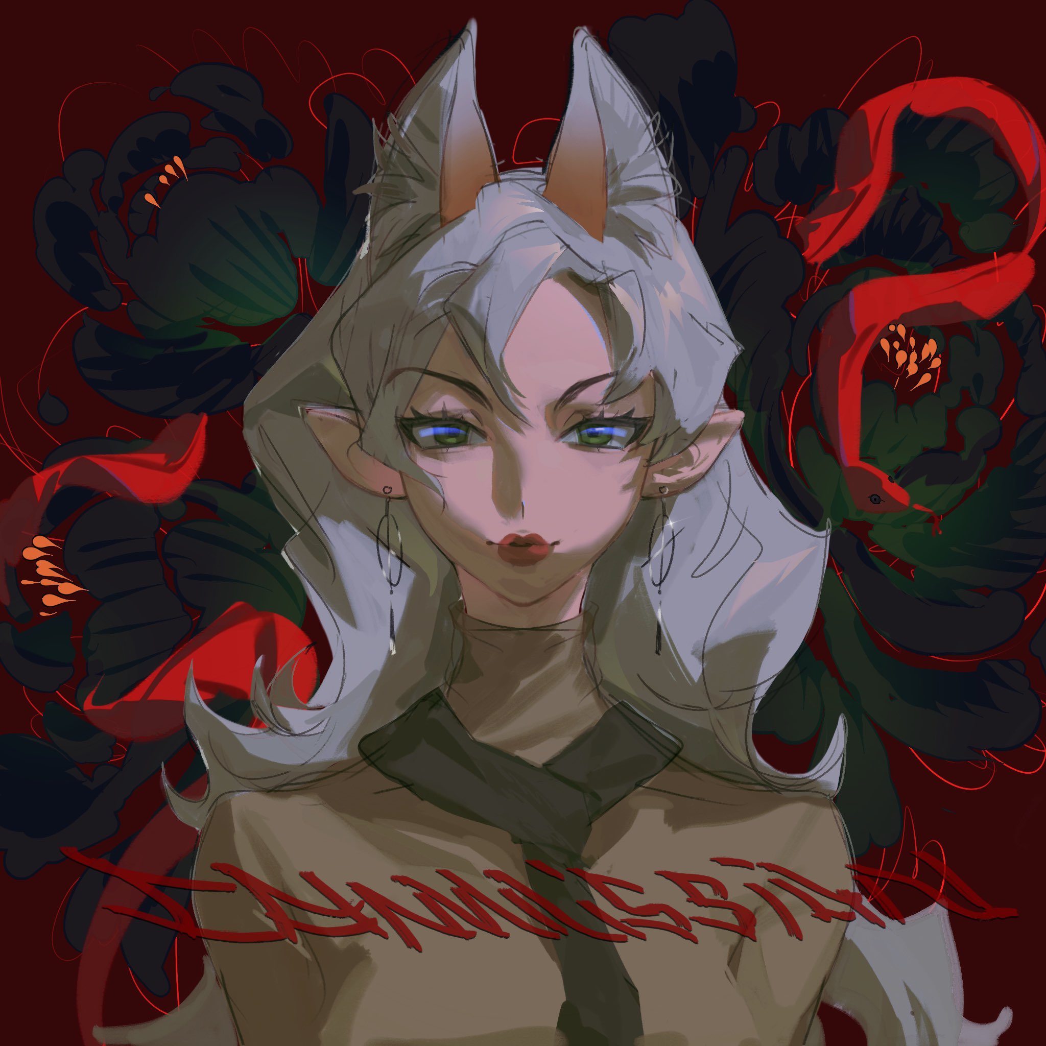 a digital illustration of an anime girl with long white hair and blue eyes. she is wearing a black and brown jacket and has red lipstick on. she is surrounded by black and red flowers. the background is red. the girl has a mysterious and magical air about her.