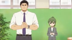 a cartoon image of a man and a girl standing in an office setting. the man is taller than the girl and is wearing a white shirt with a blue tie and grey pants. the girl is wearing a grey suit jacket and skirt. the background is a light green wall with a white door. the lighting is welllit and the perspective is at eye level.