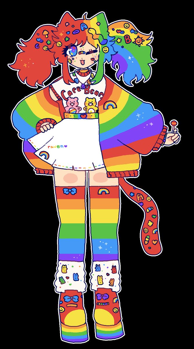a cartoon image of a girl wearing a rainbow cardigan, white skirt, and rainbow striped socks. the character has pink and blue hair and a bright red nose.  the girl has many rainbow and colorful decorations all over her outfit. she's holding a lollipop.