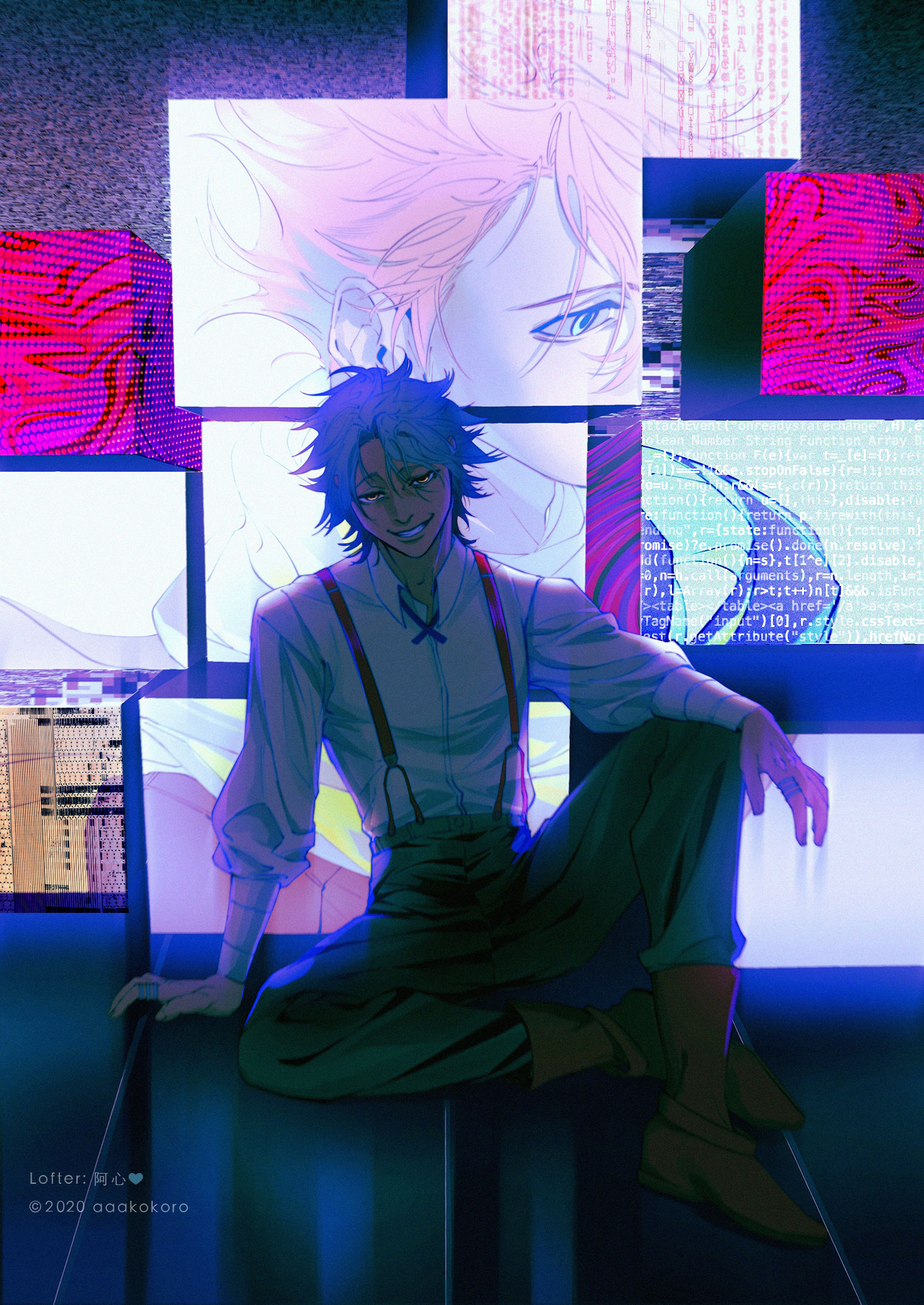 the image features a confident, androgynous man in the foreground, bathed in neon light. he's perched on a series of glowing platforms that display digital art of another person, possibly himself. the art style leans towards anime/manga with a distinct glitchcore/cyberpunk aesthetic. the color palette is dominated by deep purples, blues, and pinks, creating a futuristic and somewhat surreal atmosphere.