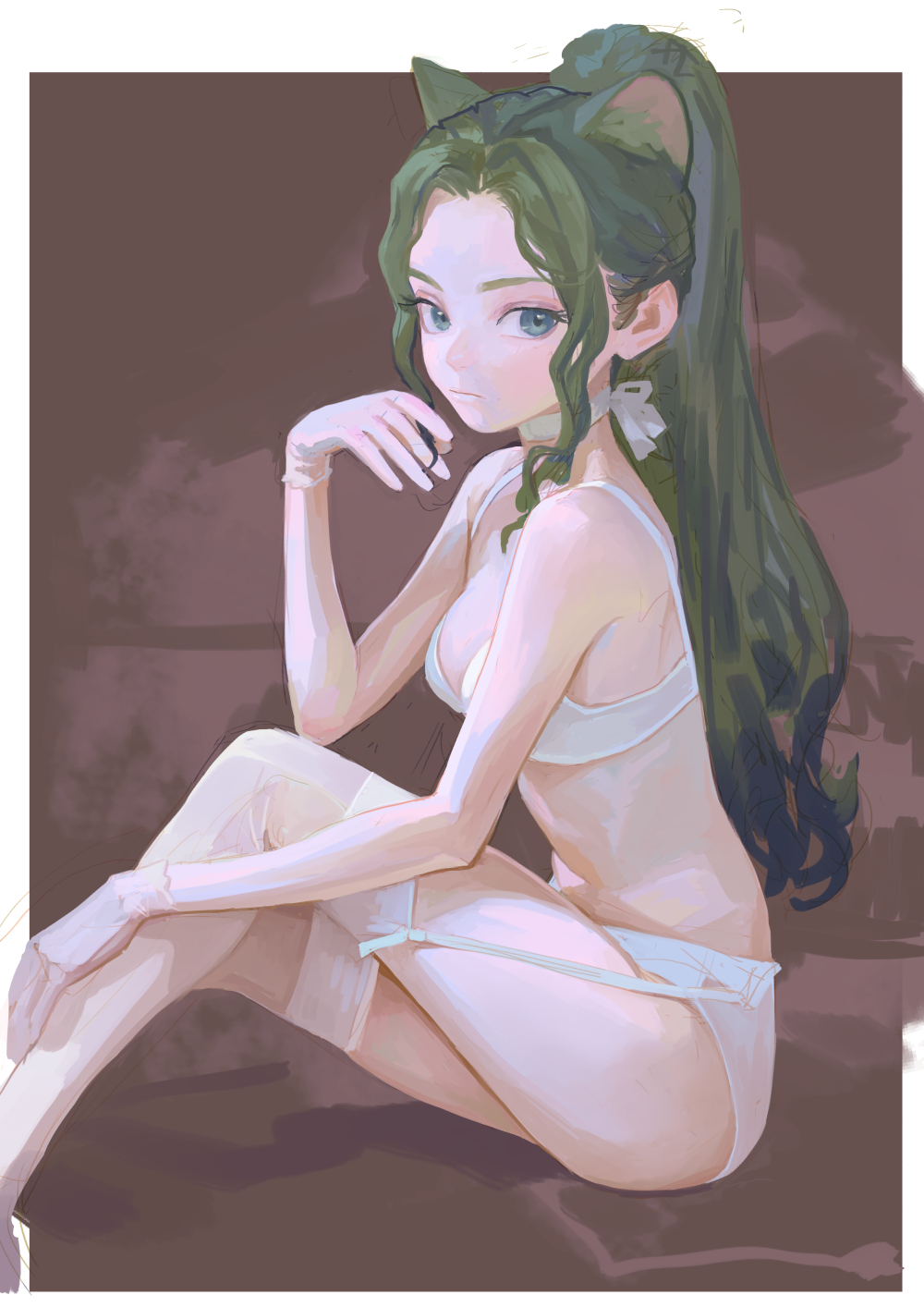 a digital illustration of a slender animestyle girl with green hair, cat ears, and blue eyes, wearing a white bra, panties, gloves, and thigh high stockings. she is sitting against a brown background.