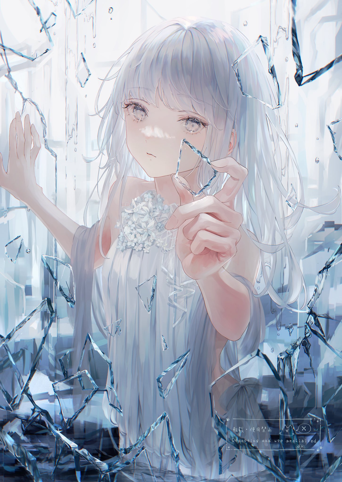 the image is a digital painting or illustration depicting a young anime girl with long, flowing white hair. she has pale skin and grey eyes. she is wearing a simple, white, somewhat translucent dress with delicate floral embellishments near the chest. the girl appears to be surrounded by, and possibly interacting with, many shards of broken glass, creating a sense of fragility and perhaps vulnerability.  her expression seems sad or melancholic. the overall style is ethereal and light, with a soft color palette dominated by whites, light blues, and greys. the background is mostly a wash of light, with subtle hints of what appears to be a room or building beyond the fragmented glass. a small dialogue box is visible at the bottom, hinting at some text but not clearly legible.  the scene evokes a feeling of sadness and perhaps a sense of being trapped or broken.