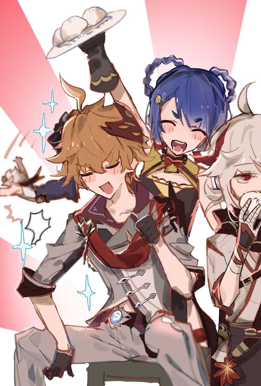 this is a colorful digital illustration of three characters from the popular video game, genshin impact. the characters are all smiling, looking happy and possibly eating food from a plate, held up by the character with blue hair. the character on the left has red and white hair and is dressed in a white and grey suit. the character in the middle has bright blue hair and is wearing a white shirt with a red sash and a yellow skirt. the character on the right has white hair and is wearing a white shirt with a black sash and a dark skirt. the background is red with a white splash of light.