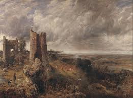 the painting depicts a dramatic landscape with the ruins of a castle perched on a hilltop overlooking a vast river valley. the sky is filled with swirling clouds, hinting at a recent storm. the ruins are rendered in detail, conveying a sense of age and decay. a winding path leads through the scene, and small figures can be seen in the distance, adding a sense of scale and human presence. the overall atmosphere is one of both beauty and melancholy, characteristic of romantic landscape painting.