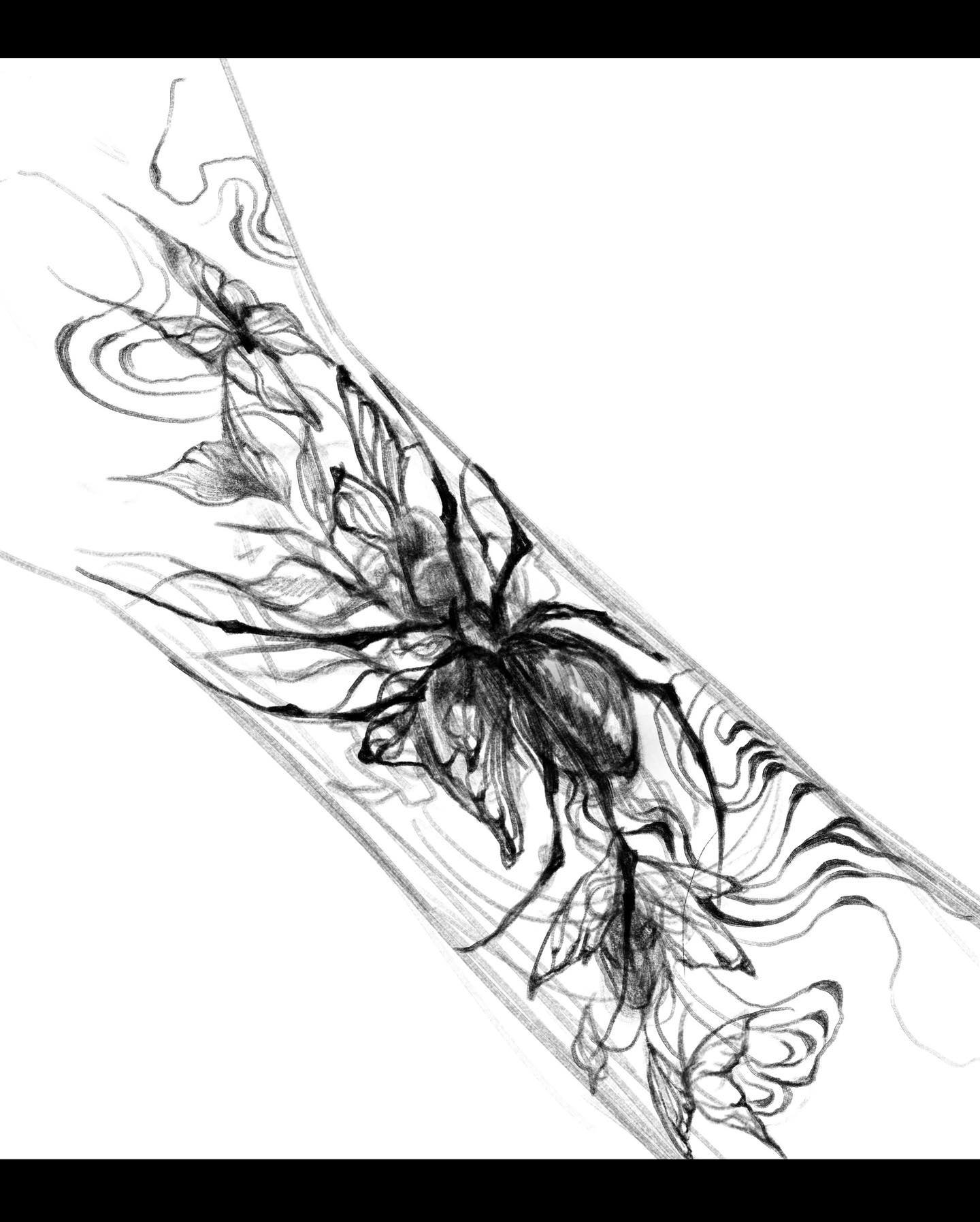 the image is a black and white sketch of a tattoo design. the design features a spider in the center with butterfly wings. there are also some floral elements incorporated into the design. the sketch is drawn on white paper with a pencil.