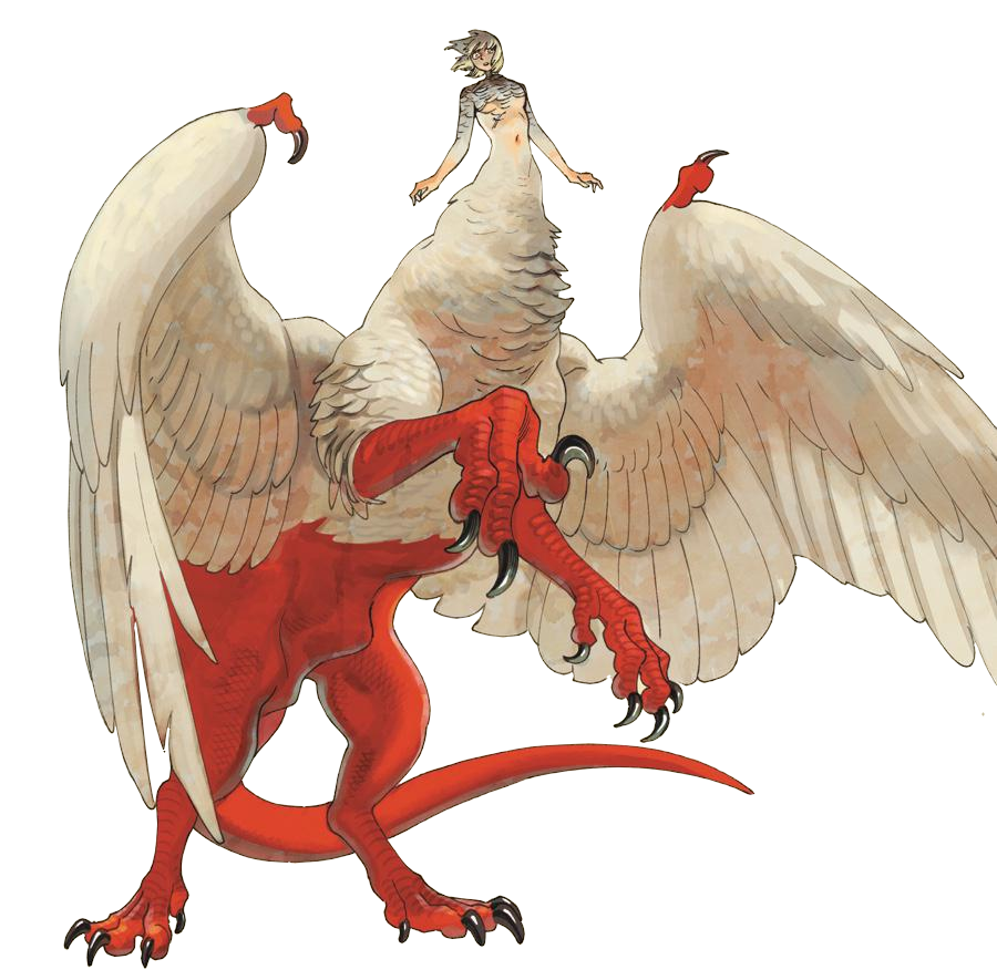the image depicts a mythical creature that is a hybrid of a dragon and a woman. the dragon portion has a red body and white wings, while the woman has pale skin and white hair. the woman's torso emerges from the dragon's back, where the neck would typically be.  the creature is shown in profile against a black background.