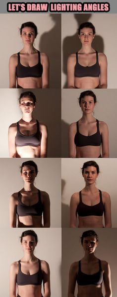 a grid of eight images depicting a woman in a sports bra, illuminated from various angles to demonstrate how lighting direction affects shadows and highlights on the human face and body. the images serve as a reference for artists learning about lighting for portraits.