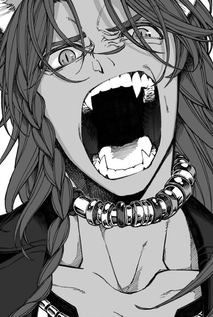 a black and white illustration of an anime/manga character with sharp fangs, intense eyes, and a menacing expression. they have long, dark hair and are wearing a large, spiked collar or necklace. the artwork is a closeup of the character's face, showing their teeth and fangs. the background is dark and shadowy, adding to the character's intimidating appearance.