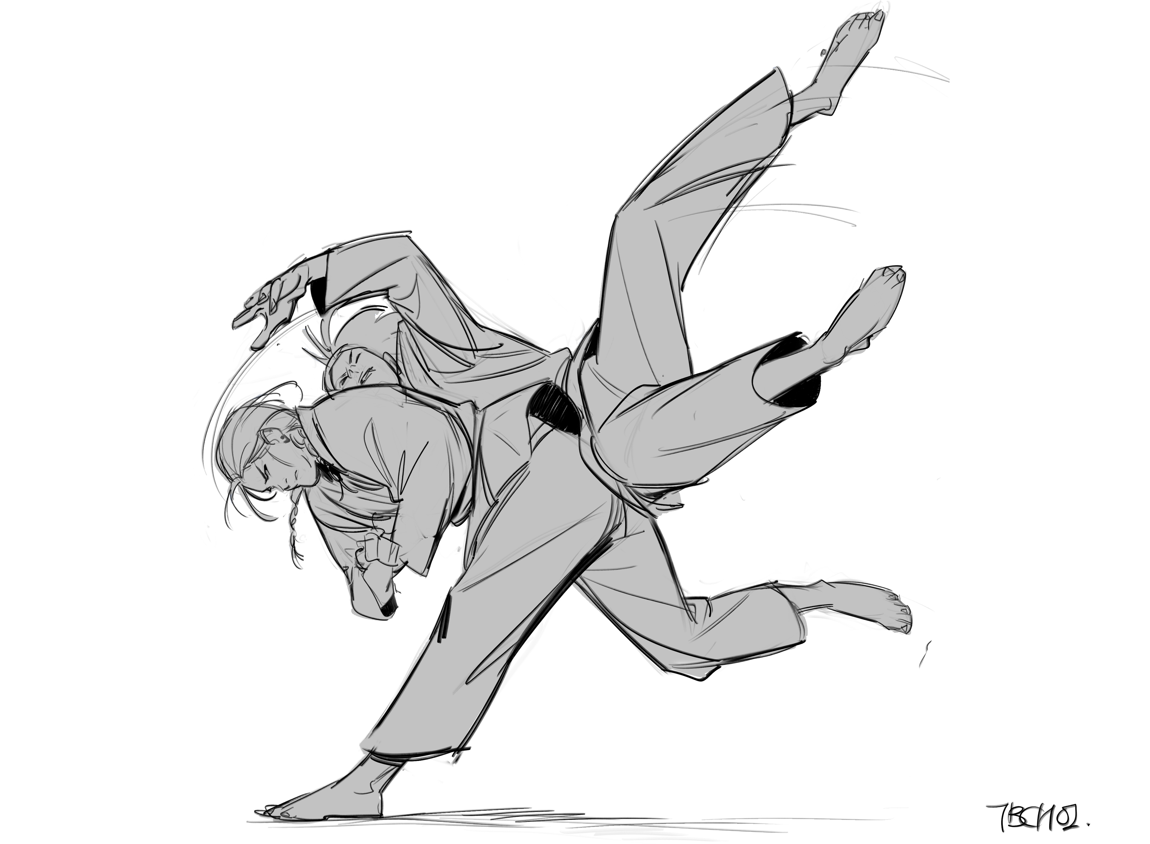 a dynamic grayscale sketch illustrating two individuals engaged in a martial arts grappling match. the style is loose and expressive, capturing the movement and energy of the action.  one person is on top, seemingly controlling the other, who is in a vulnerable position. the lines are fluid and suggest speed and force. the overall impression is one of intense physical contest and athleticism. the style of drawing suggests a preliminary sketch or concept art rather than a finished illustration.