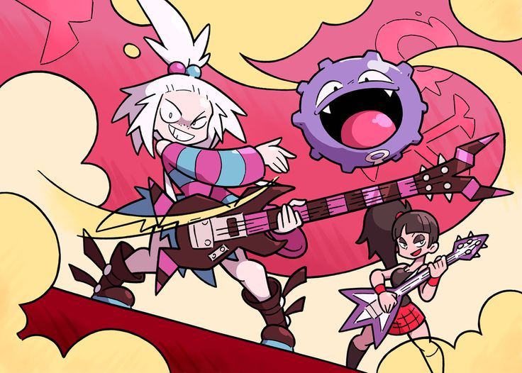 the image is a vibrant, stylized piece of fanart depicting a rock band scene. two girls are the central focus, both playing electric guitars. one girl has long white hair and is wearing a pink and blue striped top and a short punkrockstyle outfit.  she's playing a darkcolored guitar with a lightning bolt detail. the other girl has dark hair, a darker outfit (plaid skirt and tank top) and plays a purple guitar.  a koffing pokémon, a purple spherical pokémon known for its gaseous nature, is prominently featured in the background, adding to the energetic and surreal atmosphere. the style is reminiscent of anime or manga, with bold outlines, bright colors, and exaggerated expressions. the overall feeling is one of dynamic energy and musical excitement.