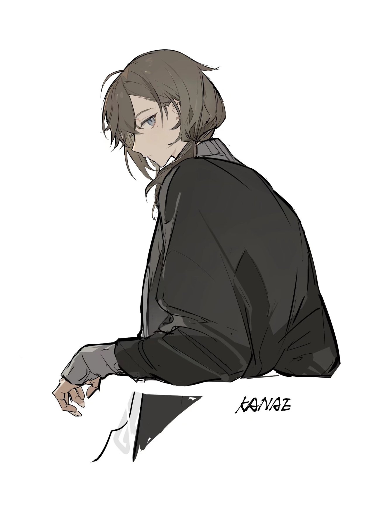 a fullbody animestyle illustration of a male character. he has shoulderlength graybrown hair tied back in a low ponytail and bluegray eyes. he's wearing a black coat over a gray undershirt. he is turned away from the viewer, looking back over his shoulder. his hand rests on a surface, presumably a table. the signature "kanaz" is visible at the bottom right.