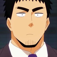 the image shows a closeup illustration of an adult male anime character with short black hair and thick eyebrows. he appears to be a businessman, wearing a white collared shirt and a purple tie underneath a dark suit jacket. he has a serious expression on his face with a slight frown and intense stare, directed slightly to the viewer's left. the lighting is soft, emphasizing the contours of his face and the details of his expression.