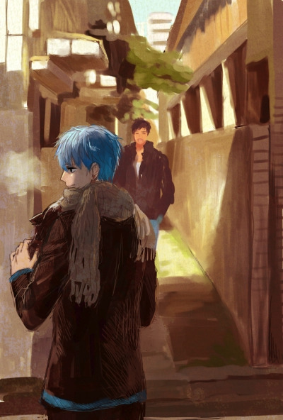 two young animestyle men walk down a city street. one is in the foreground, and the other is in the background. the man in the foreground is wearing a brown jacket and a grey scarf, he has blue hair, and his back is to the viewer. the man in the background has dark hair, is wearing a black jacket and jeans, and is facing the viewer. there are buildings on either side of the street, and the sun is shining. the overall colors in the image are muted and warm.
