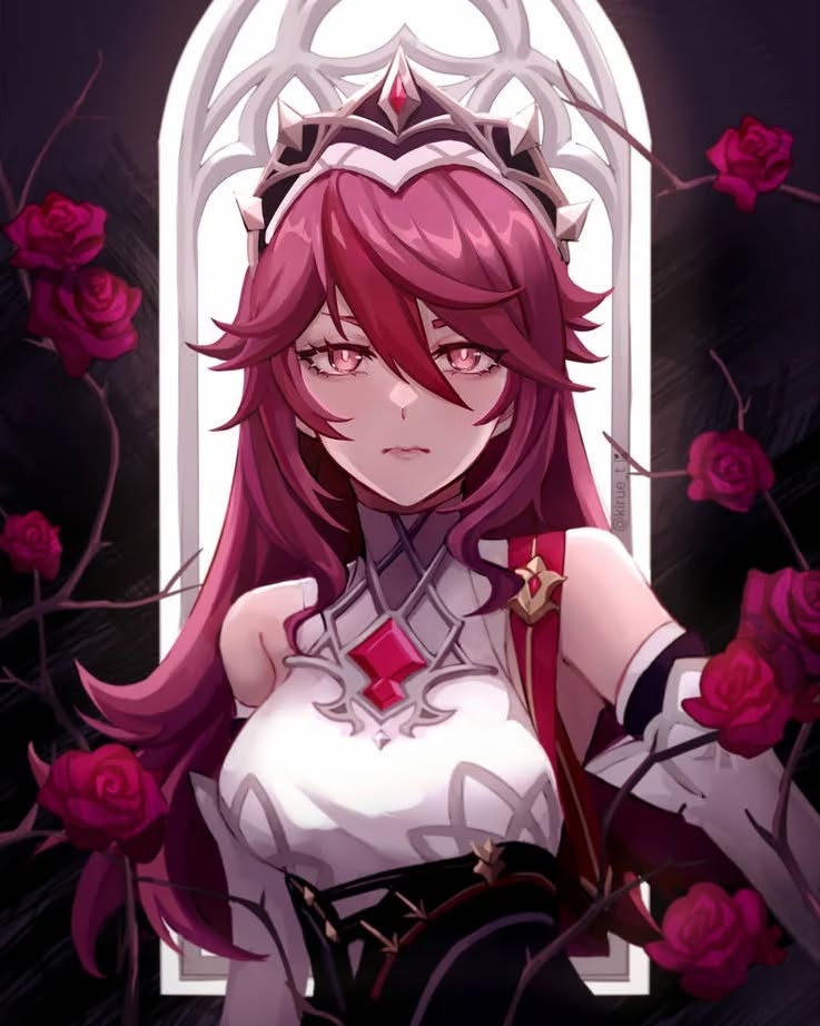 the image is a digital painting of an animestyle female character, possibly inspired by genshin impact's raiden shogun. she has long, vibrant pink and red hair, adorned with a dark crown studded with red gems. she wears an elegant, white and darkcolored dress with intricate details and a red sash.  the character has a serious, almost melancholic expression. she's framed in a gothicstyle archway, surrounded by dark red roses and thorny vines, which creates a dark, mysterious, and regal atmosphere. the art style is highly detailed and polished, with a focus on the character's features and clothing. the overall mood is one of elegance and mystery.