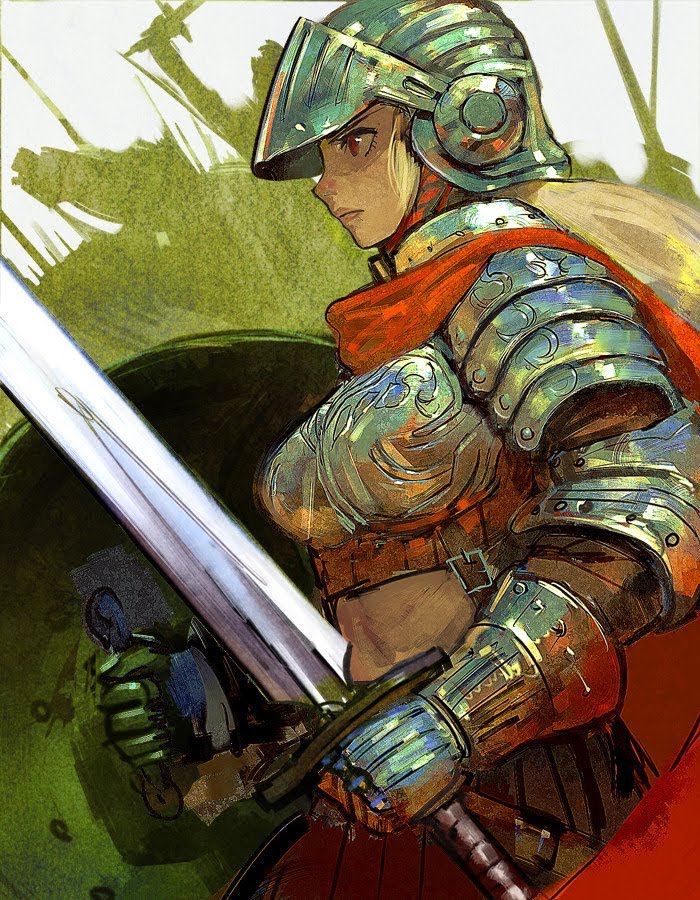 a female warrior in full armor with a helmet, sword and shield, painted in an artistic style.  she is looking off to the side with a determined expression.
