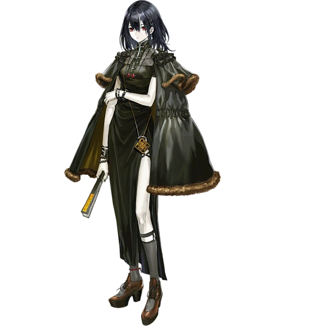 an anime girl with long black hair and red eyes. she's wearing a black dress with gold lining and a long black cape. her shoes are brown. she is holding a golden fan in her right hand.