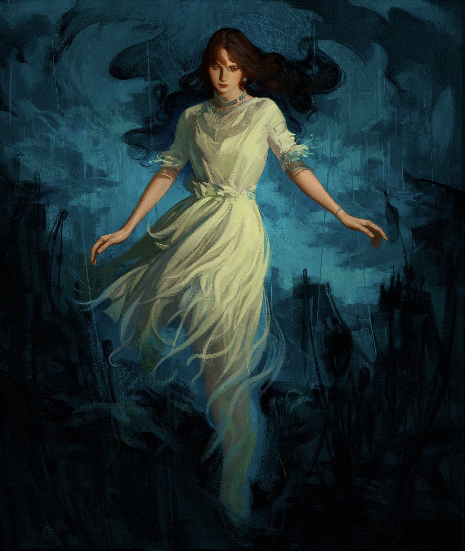the image is a digital painting or illustration depicting a young woman in a flowing, pale yellow dress. she appears ethereal and almost ghostly, with a subtle motion blur effect around her dress and hair, suggesting movement or a supernatural presence.  her long brown hair flows around her shoulders, and she wears a simple necklace.  she stands against a dark, moody background depicting what seems to be a seascape or a watery scene with dark silhouetted ships or wreckage in the distance, creating an atmosphere of mystery and perhaps tragedy. the overall color palette is dominated by dark blues and teals, accentuating the woman's pale dress and adding to the dreamlike quality of the artwork. the style suggests fantasy art or a scene from a fairytale or folkloreinspired narrative.