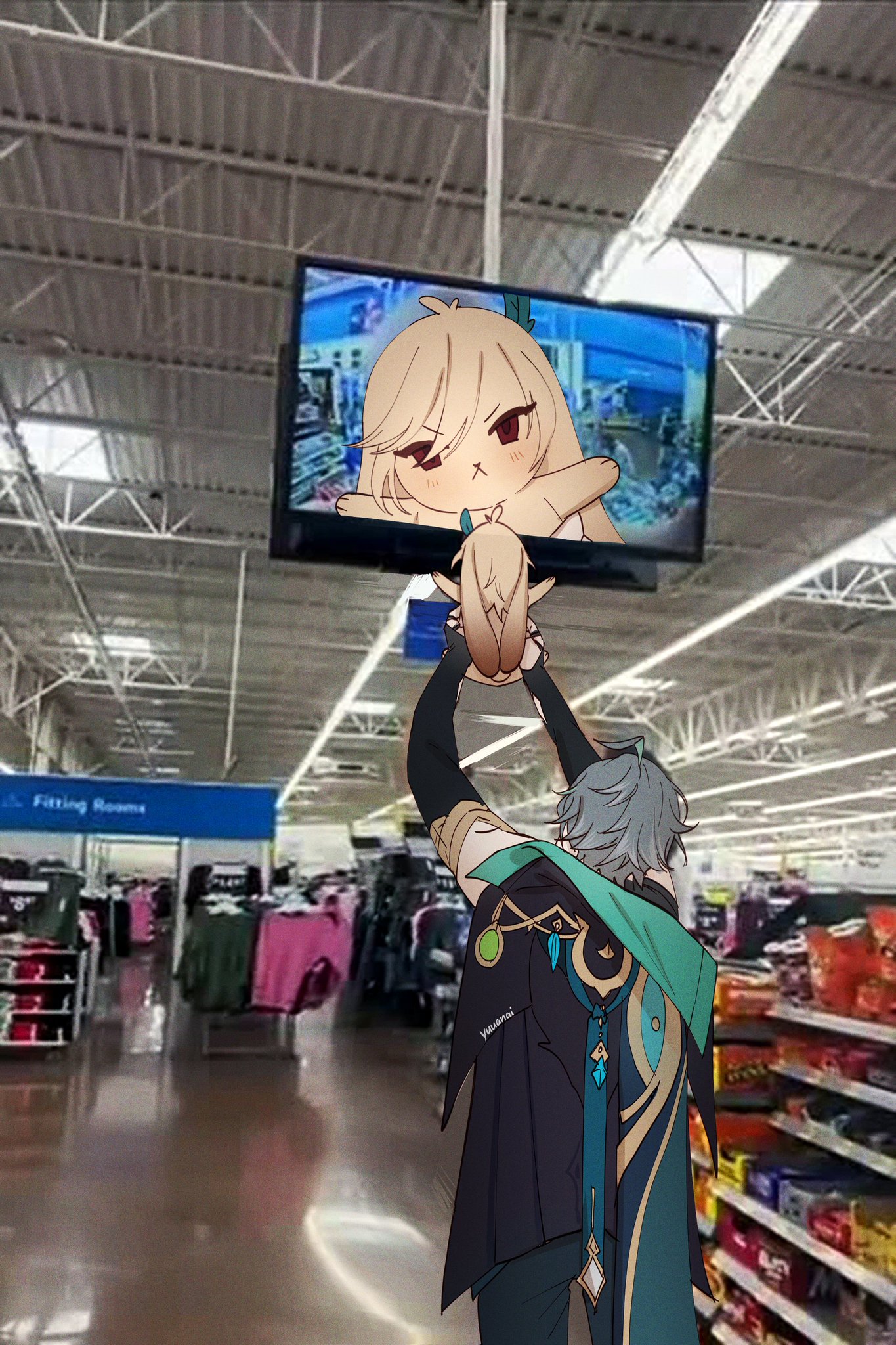 an anime character with long silver hair and a green jacket is standing inside a store, holding a plush toy of an anime girl. the girl is from a anime show called "genshin impact".  the image is a digital drawing that combines a photo of a real store with cartoon characters.