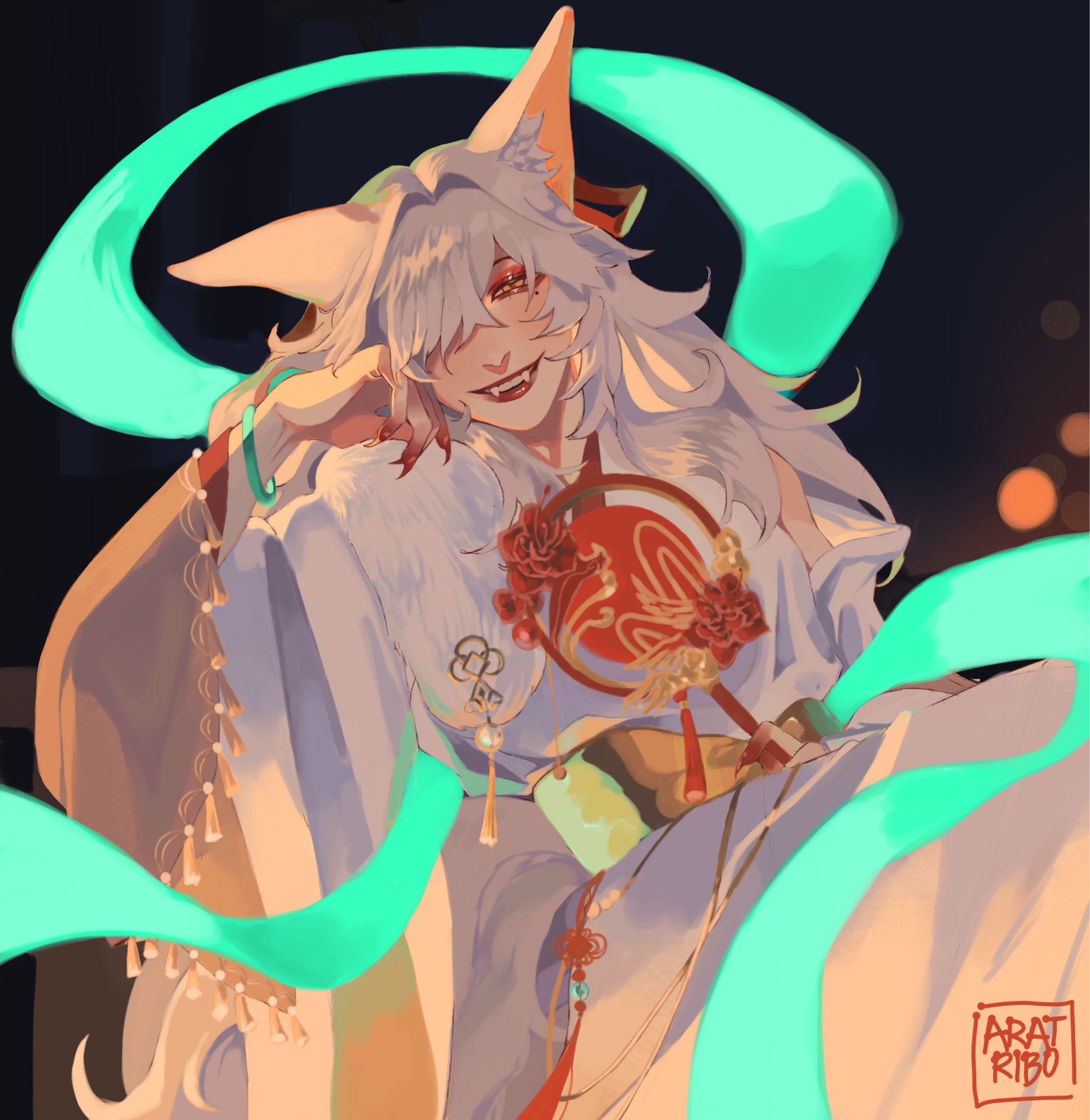 a digital painting of an anime character with wolf or cat ears and white fur. they are wearing a traditional chinese style kimono and carrying a gold and red fan. the background is a warm, light orange color with green ribbons circling the character.