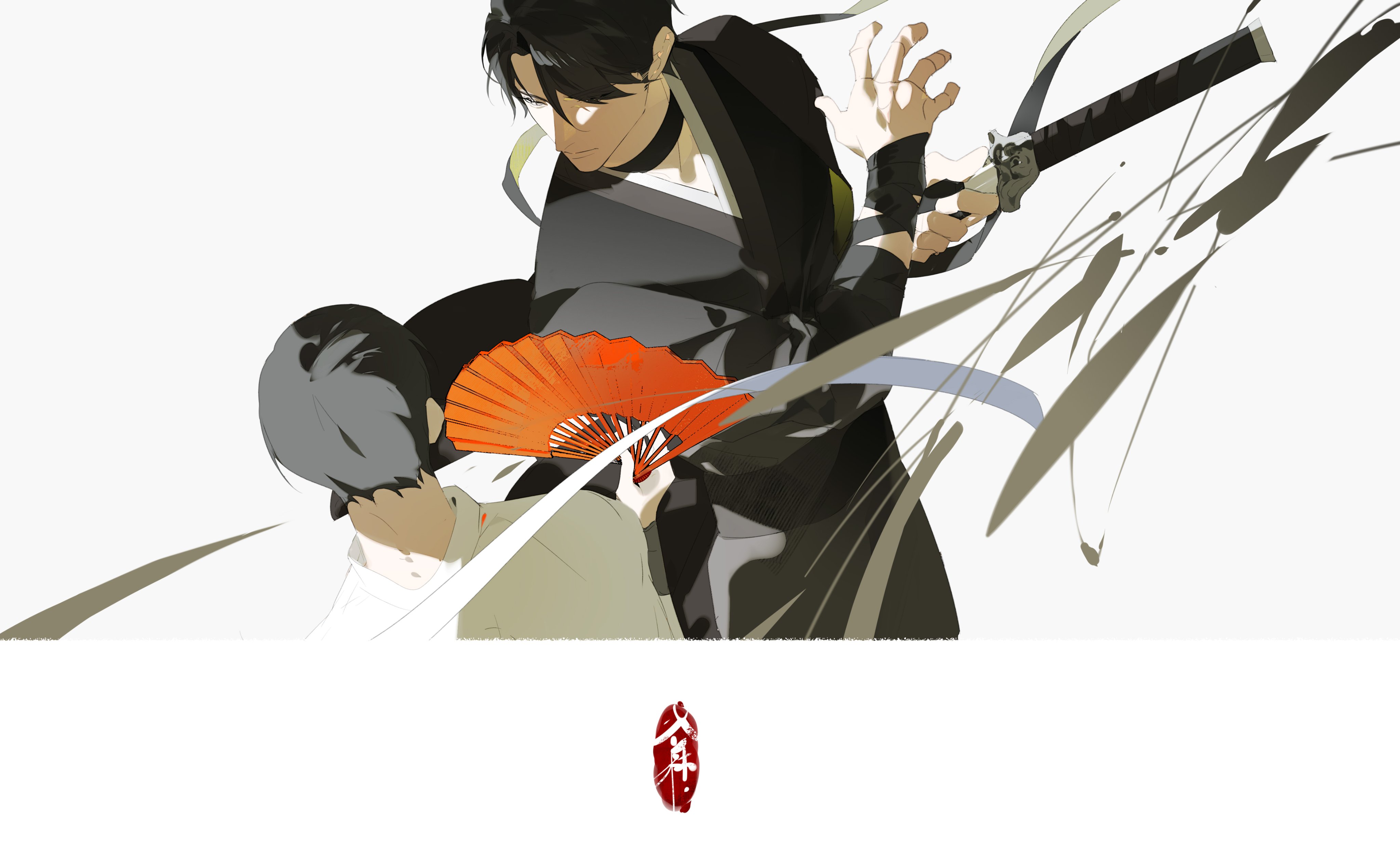 he illustration depicts a dynamic scene of two male anime characters engaged in a fight.  one, dressed in dark robes, wields a katana, his pose suggesting intense action and aggression.  the other, in lighter attire, holds an orange hand fan, seemingly defending themselves or caught in the attacker's movement. the background features stylized brush strokes and movement lines, enhancing the dramatic feel. the overall style is a blend of anime and traditional east asian art, with elegant character designs and fluid motion.  a small red emblem is present beneath the characters.
