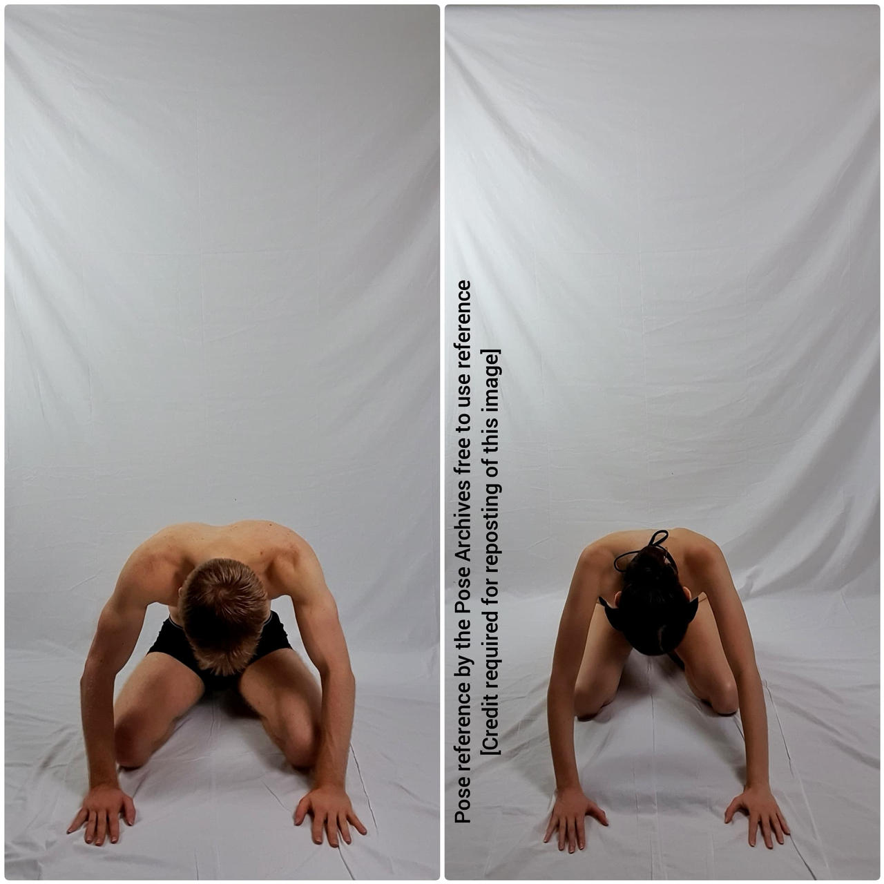 two individuals, one male and one female, are positioned on a white backdrop, engaging in a forwardleaning stretch. they are both on their hands and knees, with their heads lowered. the male is shirtless while the female is wearing a darkcolored top.