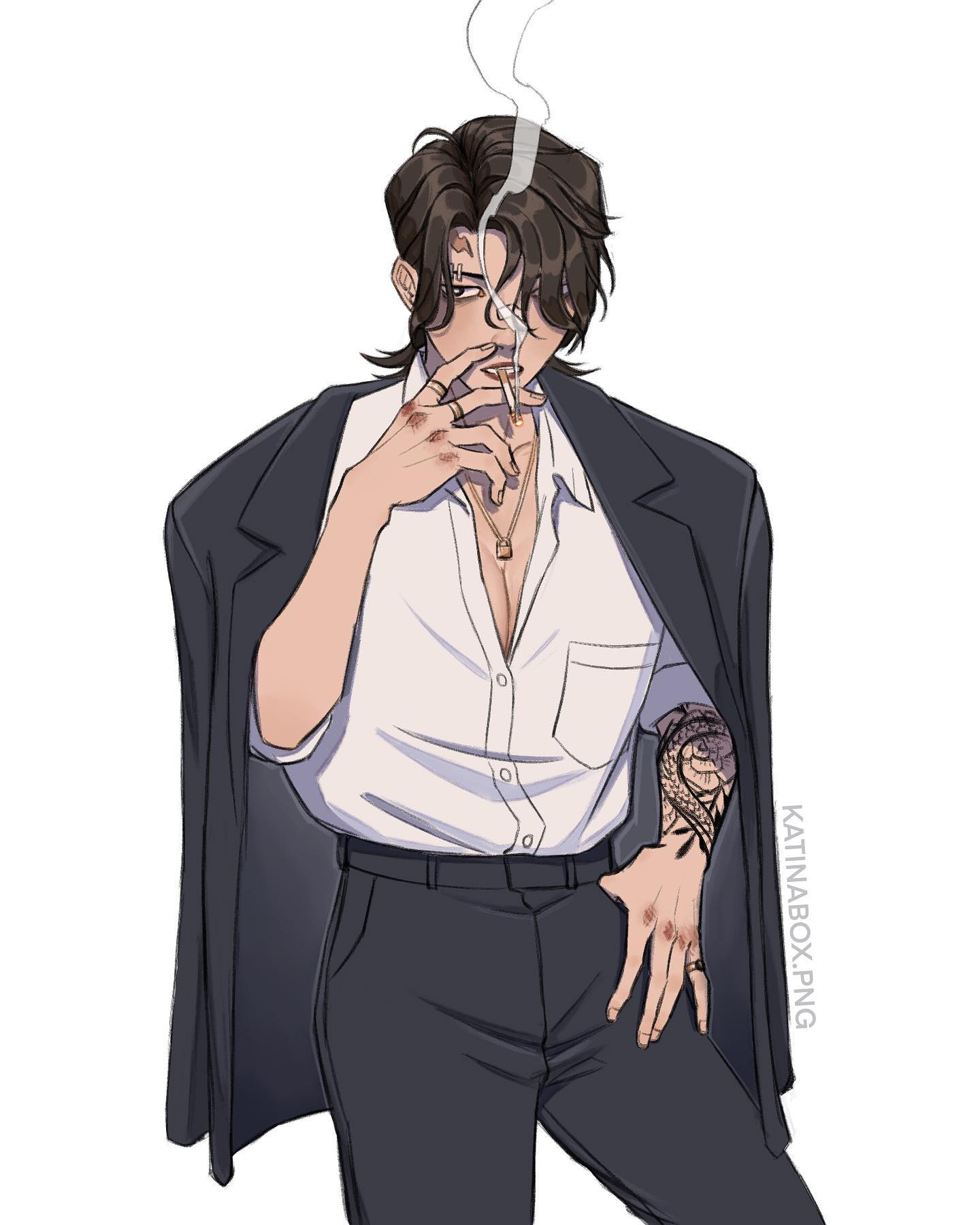 the image shows a stylized drawing of a young man. he has dark hair, is smoking a cigarette, and is wearing a dark suit jacket over a white shirt and dark pants. he has noticeable scars on his hands and a tattoo on his arm. the style is reminiscent of anime or manga artwork, with a focus on smooth lines and expressive features. the overall mood is somewhat mysterious and cool.