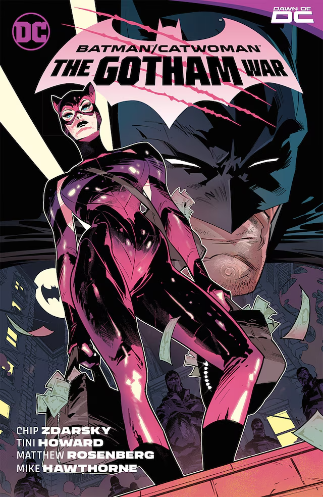 the image is a comic book cover featuring batman and catwoman. catwoman stands prominently in the foreground, wearing her signature purple jumpsuit, with a bag of money slung over her shoulder. batman is partially obscured behind her, his face grim and shadowed. the background shows a cityscape bathed in shadows, hinting at the conflict to come. the title, "batman/catwoman: the gotham war," is prominently displayed, setting the stage for a dramatic showdown. the overall tone of the image is dark and gritty, with a vibrant pop of color from catwoman's costume.